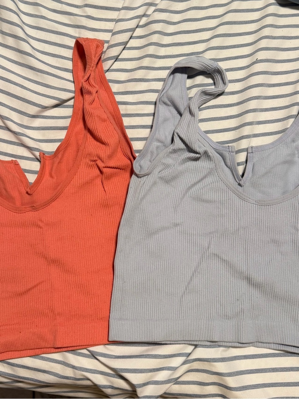 Ribbed V-Neck Tank Top — Coral and Light Gray